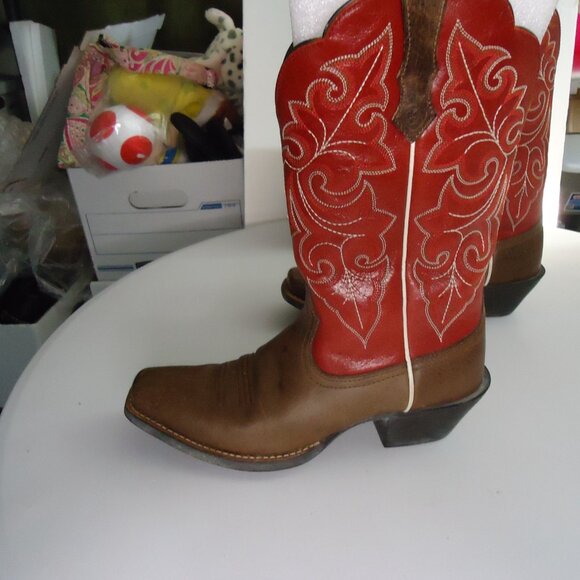 Ariat Womens Square Toe Western Cowboy Boots Sz 7B Red/Brown Pull On - Picture 2 of 11
